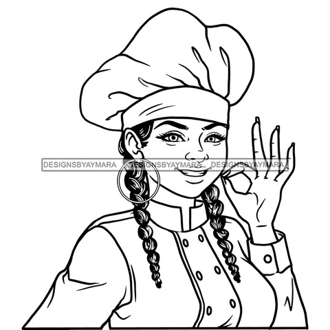 Afro Chef Woman Happy Smile Toque Hat Gourmet Food Braids Hairstyle B/W SVG JPG PNG Vector Clipart Cricut Silhouette Cut Cutting