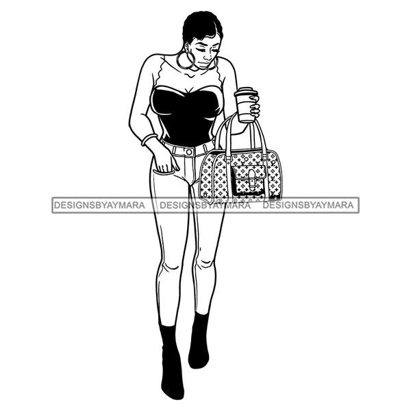 Black Girl Magic Casual Outfit Holding Coffee Cup Hoop Earrings Short Hairstyle B/W SVG JPG PNG Vector Clipart Cricut Silhouette Cut Cutting