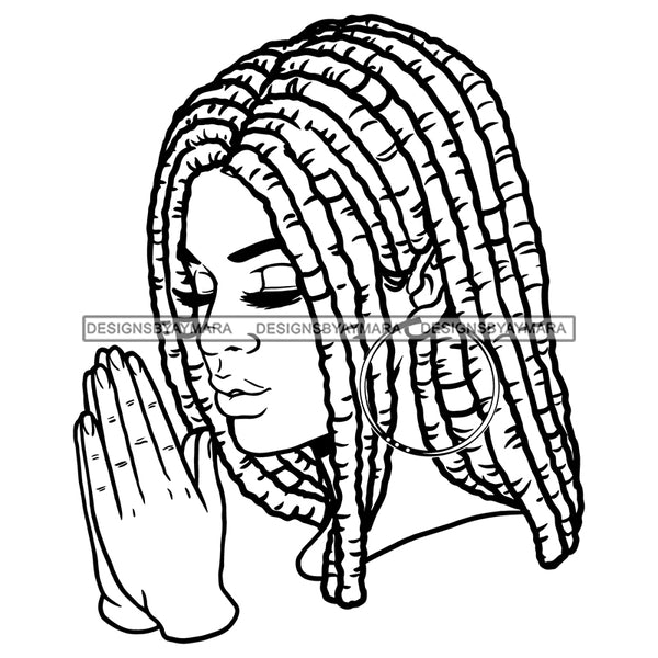 Afro Beautiful Young Girl Praying God Holy Spiritual Dreadlock Hairstyle B/W SVG JPG PNG Vector Clipart Cricut Silhouette Cut Cutting