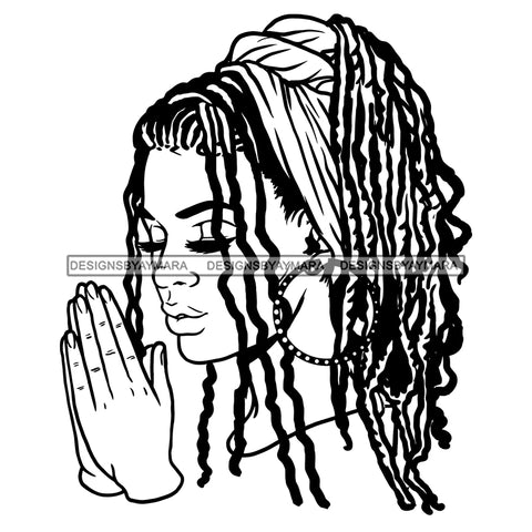 Afro Beautiful Young Girl Praying God Holy Spirit Headband Dreadlock Hairstyle B/W SVG JPG PNG Vector Clipart Cricut Silhouette Cut Cutting