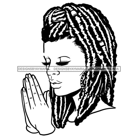 Afro Beautiful Young Girl Praying God Holy  Spirit Hoop Earrings Dreadlock Hairstyle B/W SVG JPG PNG Vector Clipart Cricut Silhouette Cut Cutting
