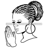 Afro Beautiful Young Girl Praying God Holy Spirit Dreadlock Bun Hairstyle B/W SVG JPG PNG Vector Clipart Cricut Silhouette Cut Cutting