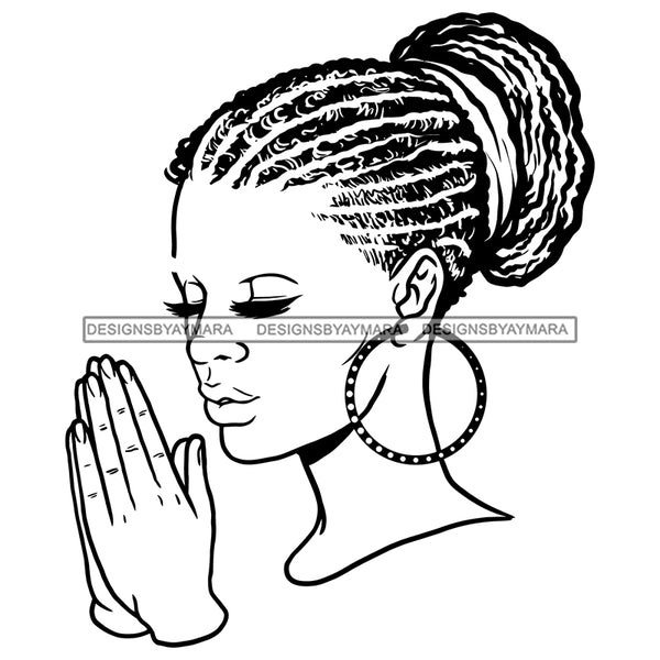 Afro Beautiful Young Girl Praying God Holy Spirit Dreadlock Bun Hairstyle B/W SVG JPG PNG Vector Clipart Cricut Silhouette Cut Cutting