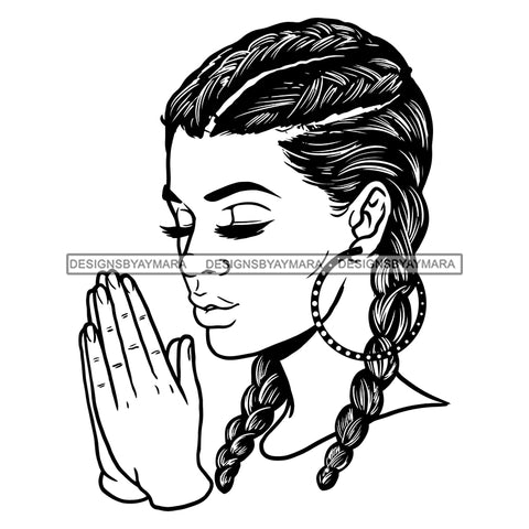 Afro Beautiful Young Girl Praying God Holy Grace Hoop Earrings Braids Hairstyle B/W SVG JPG PNG Vector Clipart Cricut Silhouette Cut Cutting