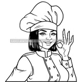 Afro Chef Woman Happy Smile Toque Hat Gourmet Food Hoop Straight Short Hair B/W SVG JPG PNG Vector Clipart Cricut Silhouette Cut Cutting