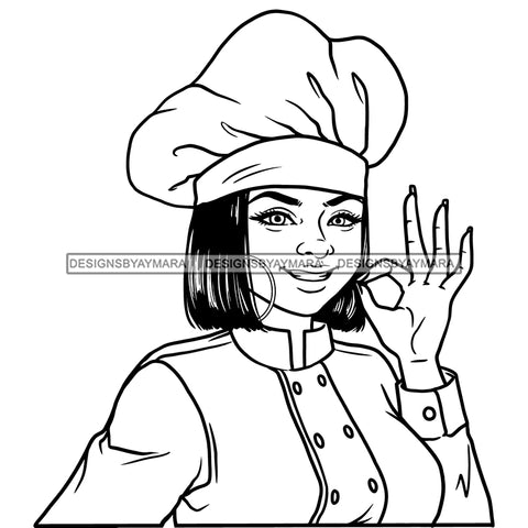 Afro Chef Woman Happy Smile Toque Hat Gourmet Food Hoop Straight Short Hair B/W SVG JPG PNG Vector Clipart Cricut Silhouette Cut Cutting