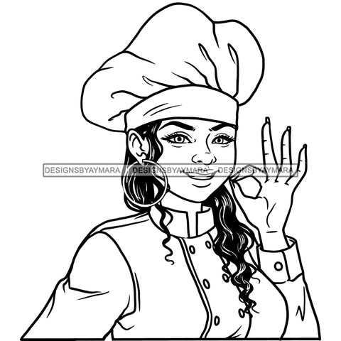 Afro Chef Woman Happy Smile Toque Hat Gourmet Food Long Wavy Hair B/W SVG JPG PNG Vector Clipart Cricut Silhouette Cut Cutting