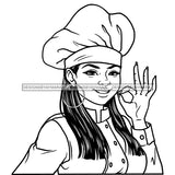 Afro Chef Woman Happy Smile Toque Hat Gourmet Food Earrings Long Straight Hair B/W SVG JPG PNG Vector Clipart Cricut Silhouette Cut Cutting