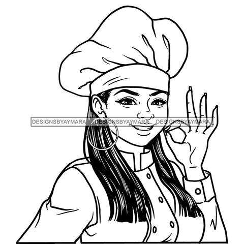 Afro Chef Woman Happy Smile Toque Hat Gourmet Food Earrings Long Straight Hair B/W SVG JPG PNG Vector Clipart Cricut Silhouette Cut Cutting