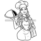 White Woman Chef Gourmet Food Holding Domed Serving Long Wavy Hairstyle B/W SVG JPG PNG Vector Clipart Cricut Silhouette Cut Cutting