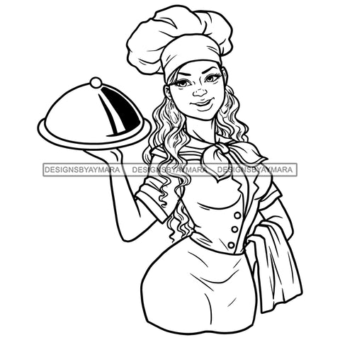 White Woman Chef Gourmet Food Holding Domed Serving Long Wavy Hairstyle B/W SVG JPG PNG Vector Clipart Cricut Silhouette Cut Cutting