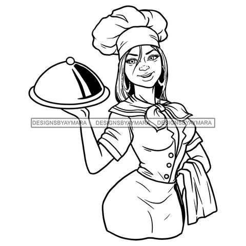 Afro Latina Woman Chef Gourmet Food Holding Domed Serving Straight Hairstyle B/W SVG JPG PNG Vector Clipart Cricut Silhouette Cut Cutting