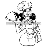 Afro Sexy Woman Chef Gourmet Food Holding Domed Serving Puffy Afro Hair B/W SVG JPG PNG Vector Clipart Cricut Silhouette Cut Cutting