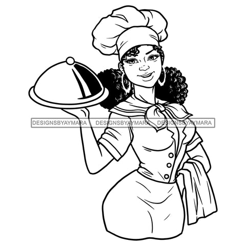 Afro Sexy Woman Chef Gourmet Food Holding Domed Serving Puffy Afro Hair B/W SVG JPG PNG Vector Clipart Cricut Silhouette Cut Cutting