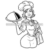 White Sexy Woman Chef Gourmet Holding Domed Serving Chin Length Hairstyle B/W SVG JPG PNG Vector Clipart Cricut Silhouette Cut Cutting