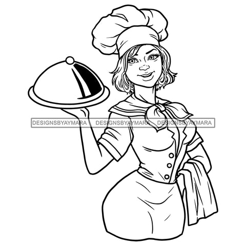 White Sexy Woman Chef Gourmet Holding Domed Serving Chin Length Hairstyle B/W SVG JPG PNG Vector Clipart Cricut Silhouette Cut Cutting