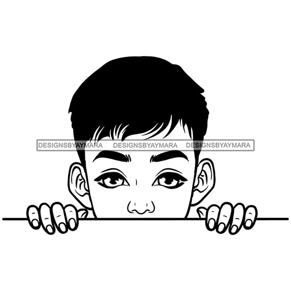 Peek A Boo Cute Child Boy Straight Short Hairstyle B/W SVG JPG PNG Vector Clipart Cricut Silhouette Cut Cutting