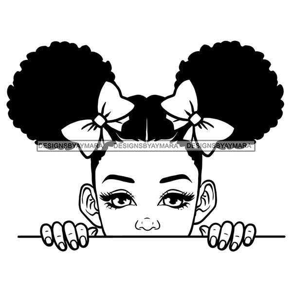 Peek A Boo Cute Child Girl Bows Puffy Pigtails Hairstyle B/W SVG JPG P ...