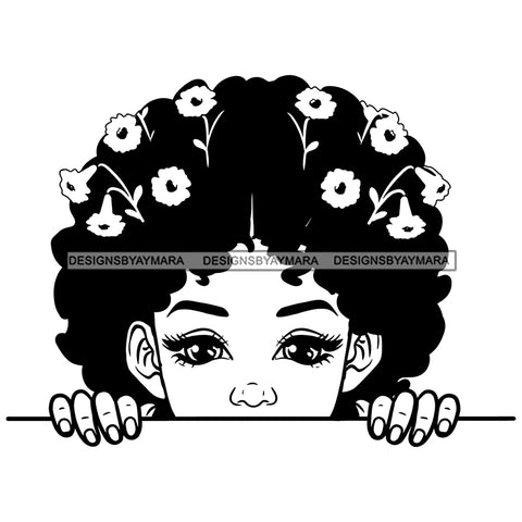 Peek A Boo Cute Child Girl Flowers Puffy Afro Hairstyle B/W SVG JPG PNG Vector Clipart Cricut Silhouette Cut Cutting