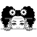 Peek A Boo Cute Child Girl Daisy Flowers Pigtails Hairstyle B/W SVG JPG PNG Vector Clipart Cricut Silhouette Cut Cutting