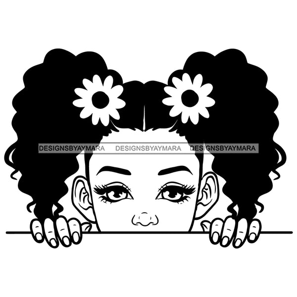 Peek A Boo Cute Child Girl Daisy Flowers Pigtails Hairstyle B/W SVG JPG PNG Vector Clipart Cricut Silhouette Cut Cutting