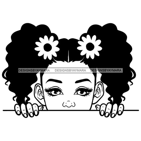 Peek A Boo Cute Child Girl Daisy Flowers Pigtails Hairstyle B/W SVG JPG PNG Vector Clipart Cricut Silhouette Cut Cutting