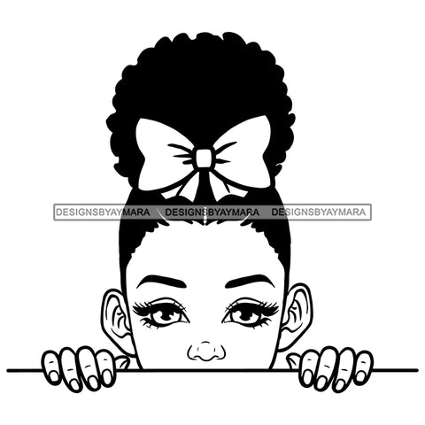 Peek A Boo Cute Child Girl Bow Puffy Updo Hairstyle B/W SVG JPG PNG Vector Clipart Cricut Silhouette Cut Cutting