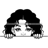 Peek A Boo Cute Child Girl Pretty Wavy Hair B/W SVG JPG PNG Vector Clipart Cricut Silhouette Cut Cutting