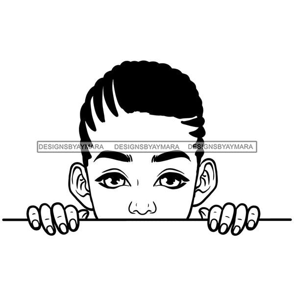 Peek A Boo Cute Child Boy Cornrow Braids Hairstyle B/W SVG JPG PNG Vector Clipart Cricut Silhouette Cut Cutting