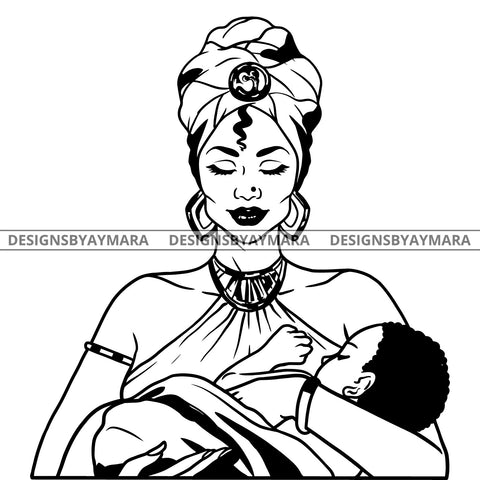 Goddess Black Mother Sleeping Baby True Love Peace Turban Earrings Motherhood B/W SVG JPG PNG Vector Clipart Cricut Silhouette Cut Cuttingn