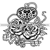 Beautiful Roses Heart Key Tattoo Ink Art Romance Symbol B/W SVG JPG PNG Vector Clipart Cricut Silhouette Cut Cutting