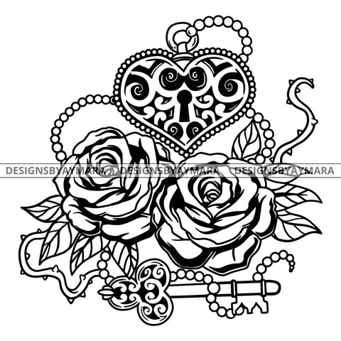Beautiful Roses Heart Key Tattoo Ink Art Romance Symbol B/W SVG JPG PNG Vector Clipart Cricut Silhouette Cut Cutting