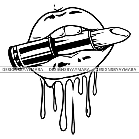 Sexy Dripping Lips Biting Lipstick Cosmetics Makeup Illustration B/W SVG JPG PNG Vector Clipart Cricut Silhouette Cut Cutting