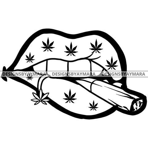 Sexy Piercing Lips Smoking Cannabis Joint Blaze Marijuana Plant Tattoos B/W SVG JPG PNG Vector Clipart Cricut Silhouette Cut Cutting