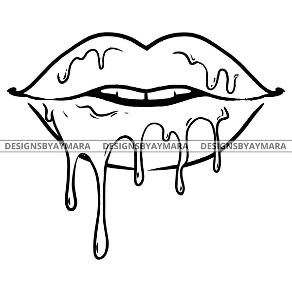 Sexy Dripping Lips Wet Cosmetics Chic Makeup Illustration B/W SVG JPG PNG Vector Clipart Cricut Silhouette Cut Cutting