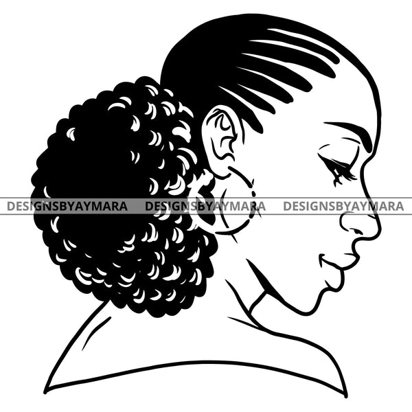 Afro Beautiful Melanin Woman Classy Elegant Hoop Earrings Afro Bun Hairstyle B/W SVG JPG PNG Vector Clipart Cricut Silhouette Cut Cutting