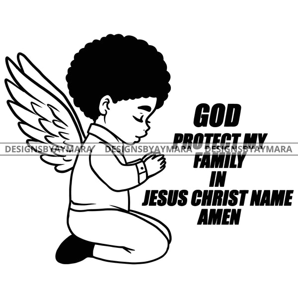 Precious Black Angel Boy Religious Quote Hands Praying Blessed Holy Spirit B/W SVG JPG PNG Vector Clipart Cricut Silhouette Cut Cutting