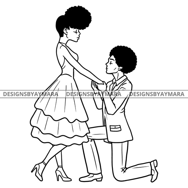 Afro Couple Man Woman Love Marriage Proposal Marry Me Puffy Afro Hair B/W SVG JPG PNG Vector Clipart Cricut Silhouette Cut Cutting