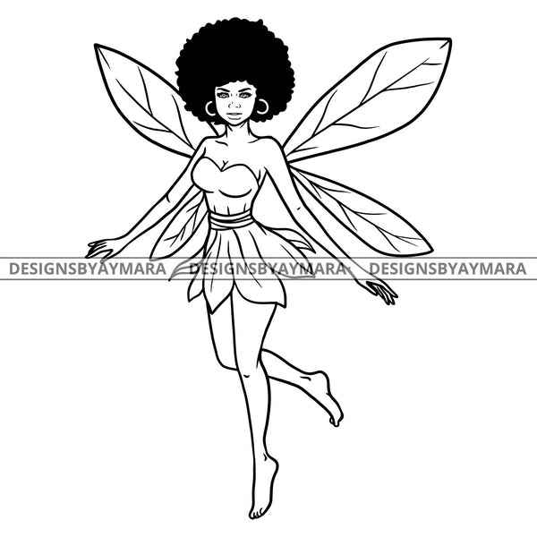 Afro Beauty Woman Tinker Fairy Fantasy World Puffy Afro Hair B/W SVG JPG PNG Vector Clipart Cricut Silhouette Cut Cutting