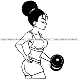 Afro Beauty Woman Athletic Fitness Gym Weights Puffy Afro Bun Hairstyle B/W SVG JPG PNG Vector Clipart Cricut Silhouette Cut Cutting