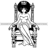 Afro Beauty Queen Woman Crown Sitting Throne Beauty Contest Puffy Afro Hair B/W SVG JPG PNG Vector Clipart Cricut Silhouette Cut Cutting