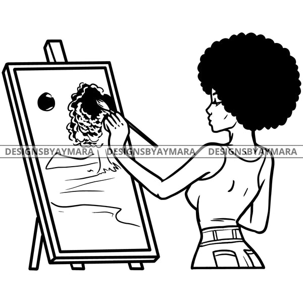 Afro Beauty Woman Painting Canvas Outdoor Indoor Art Studio Puffy Afro Hair B/W SVG JPG PNG Vector Clipart Cricut Silhouette Cut Cutting