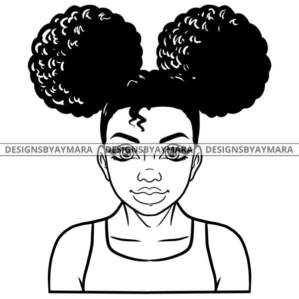 Afro Beauty Melanin Woman Confident Cool Casual Puffy Pigtails Hairstyle B/W SVG JPG PNG Vector Clipart Cricut Silhouette Cut Cutting