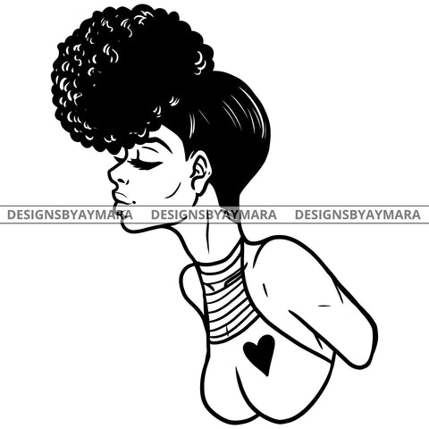 Afro Beauty Melanin Woman Confident Cool Casual Heart Top Puffy Bun Hairstyle B/W SVG JPG PNG Vector Clipart Cricut Silhouette Cut Cutting