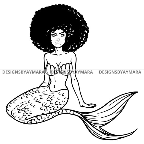 Afro Beauty Mermaid Woman Magical Water Fantasy World Puffy Afro Hair B/W SVG JPG PNG Vector Clipart Cricut Silhouette Cut Cutting