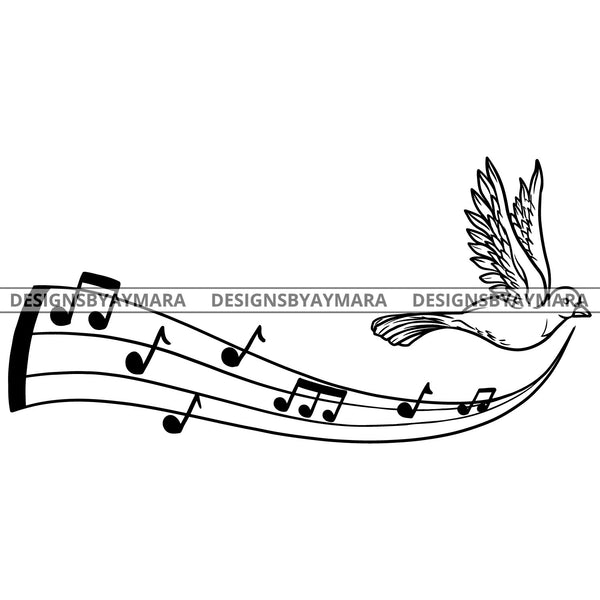Bird Carrying Peace Artistic Musical Notes B/W SVG JPG PNG Vector Clipart Cricut Silhouette Cut Cutting