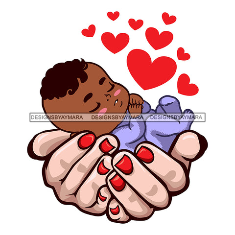 Adorable Afro Baby Boy Sleeping On Woman Hands Blue Onesie Hearts Curly Hairstyle SVG JPG PNG Vector Clipart Cricut Silhouette Cut Cutting