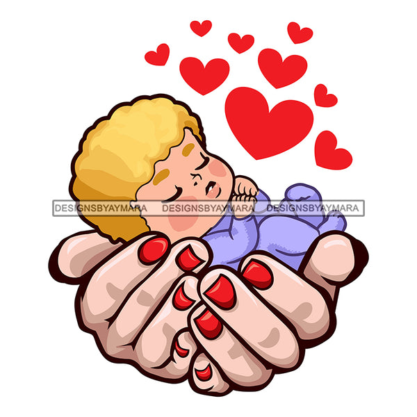 Adorable White Baby Boy Sleeping On Woman Hands Blue Onesie Hearts Blonde Hairstyle SVG JPG PNG Vector Clipart Cricut Silhouette Cut Cutting