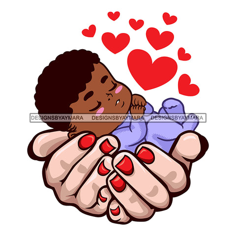Adorable Afro Baby Boy Sleeping On Woman Hands Blue Onesie Hearts Afro Hairstyle SVG JPG PNG Vector Clipart Cricut Silhouette Cut Cutting