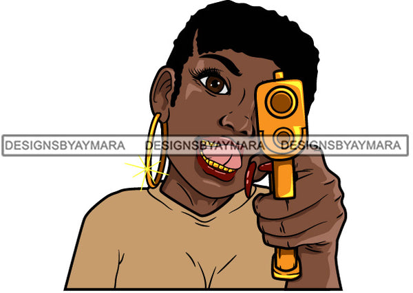 Afro Black Woman Badass Goddess Hustle Woman Aiming Gun Armed Short Hair Style SVG Cutting Files For Silhouette Cricut